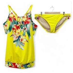NWT SWIM by Cacique Yellow Floral Blouson Tankini & Bikini Bottom Set Size 14/16